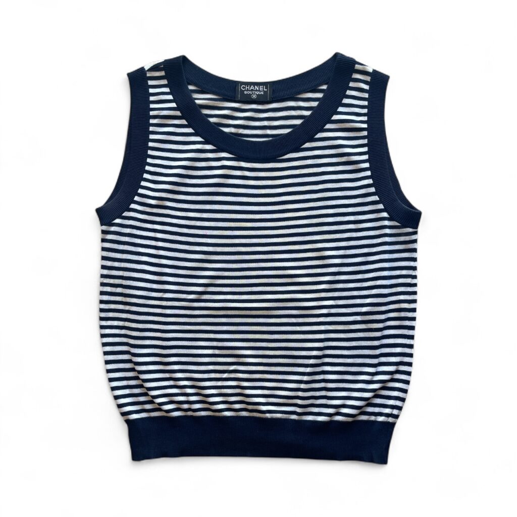 Canottiera Chanel Donna 46 IT – L righe Blu Bianco Cotone t-shirt maglietta
