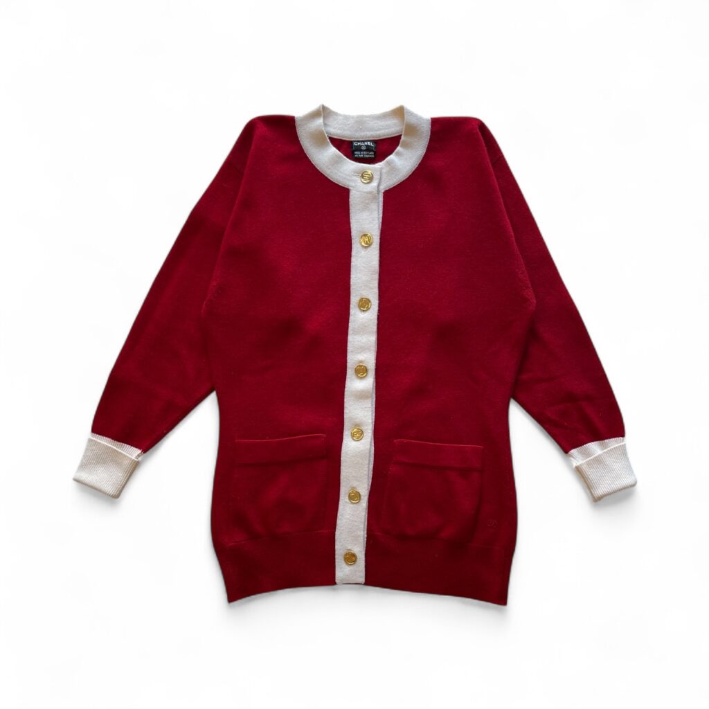 Maglione lungo Chanel Donna 46 IT – L Rosso Bianco 100_ Cashmere Pullover stile cardigan
