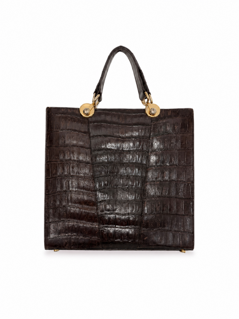 Borsa a mano pelle di Coccodrillo Marrone Made in Italy hardware in oro