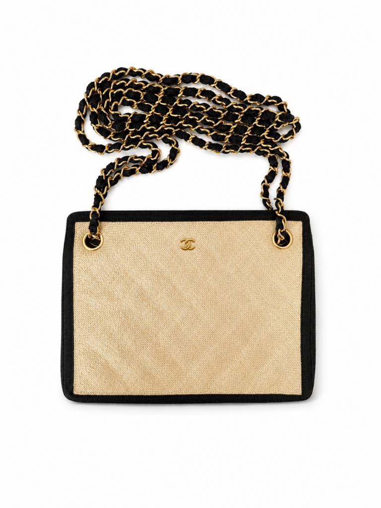 Borsa a spalla CHANEL con tracollina color Crema e Blu scuro Rafia hardware oro