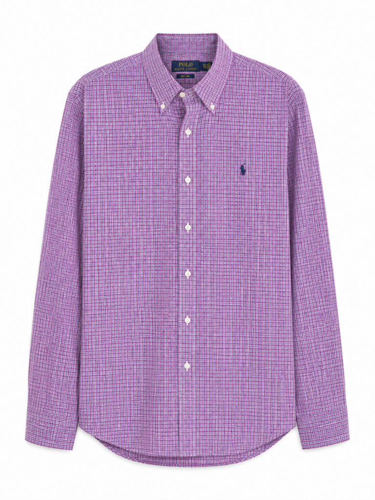 Camicia Polo Ralph Lauren Uomo S Comfort Quadri Blu Viola Bianco Cotone Manica lunga