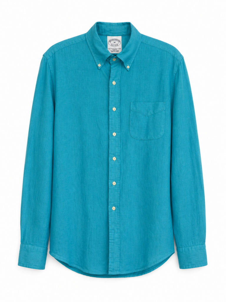 Camicia Brooks Brothers Uomo M slim azzurro turchese Lino manica lunga