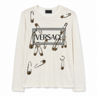 T-shirt Versace prima linea Donna M Bianco crema con stampa medusa Cotone manica lunga Maglietta