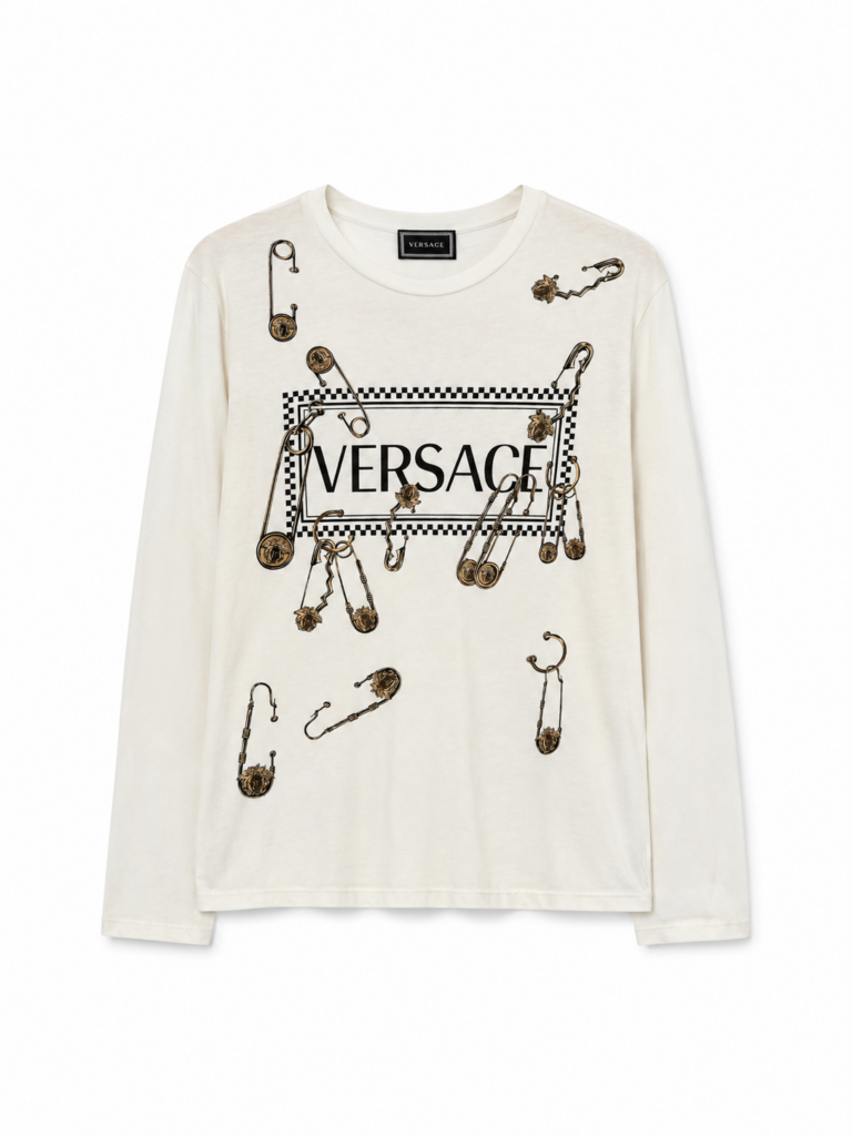 T-shirt Versace prima linea Donna M Bianco crema con stampa medusa Cotone manica lunga Maglietta