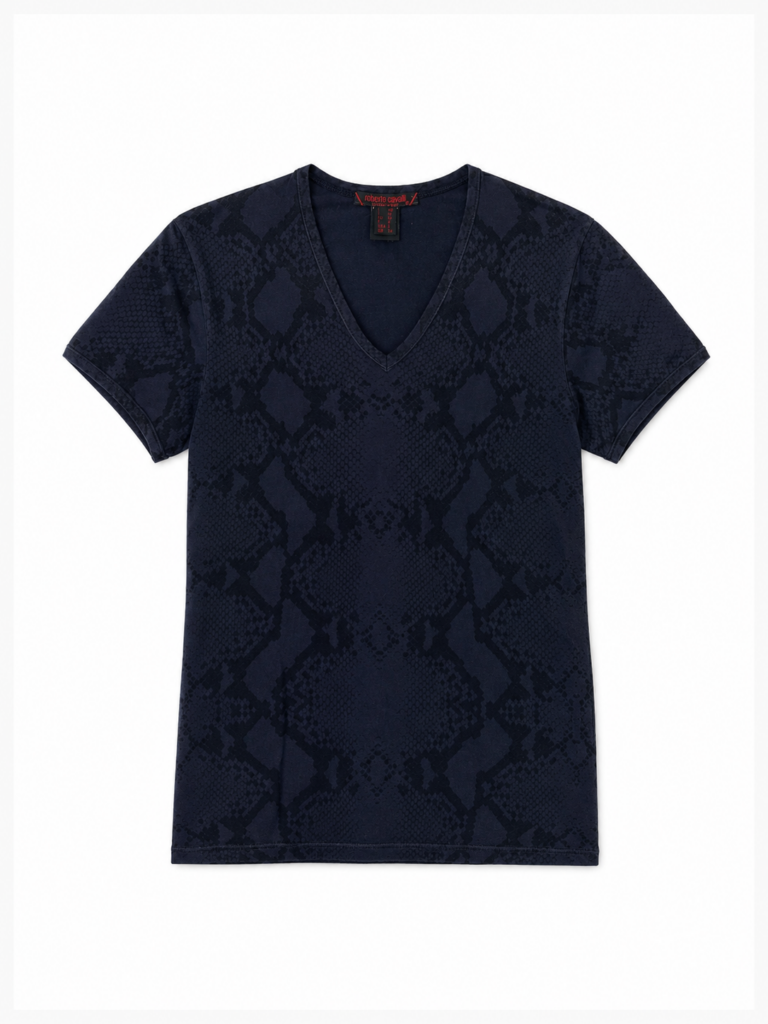 T-shirt Roberto Cavalli Uomo M Slim Blu Navy stampa animalier pitone Cotone Manica corta Maglietta