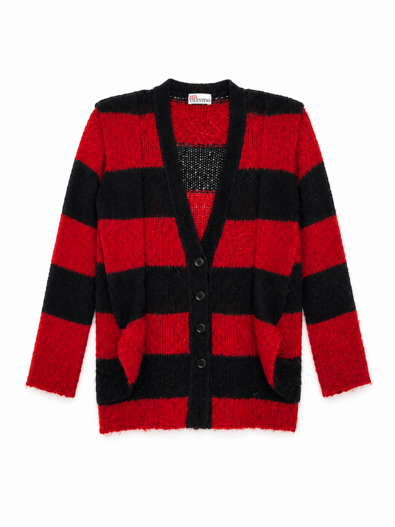 Maglione Cardigan Red Valentino Garavani Donna 44 IT – M righe Rosso Nero misto Lana e Alpaca pullover