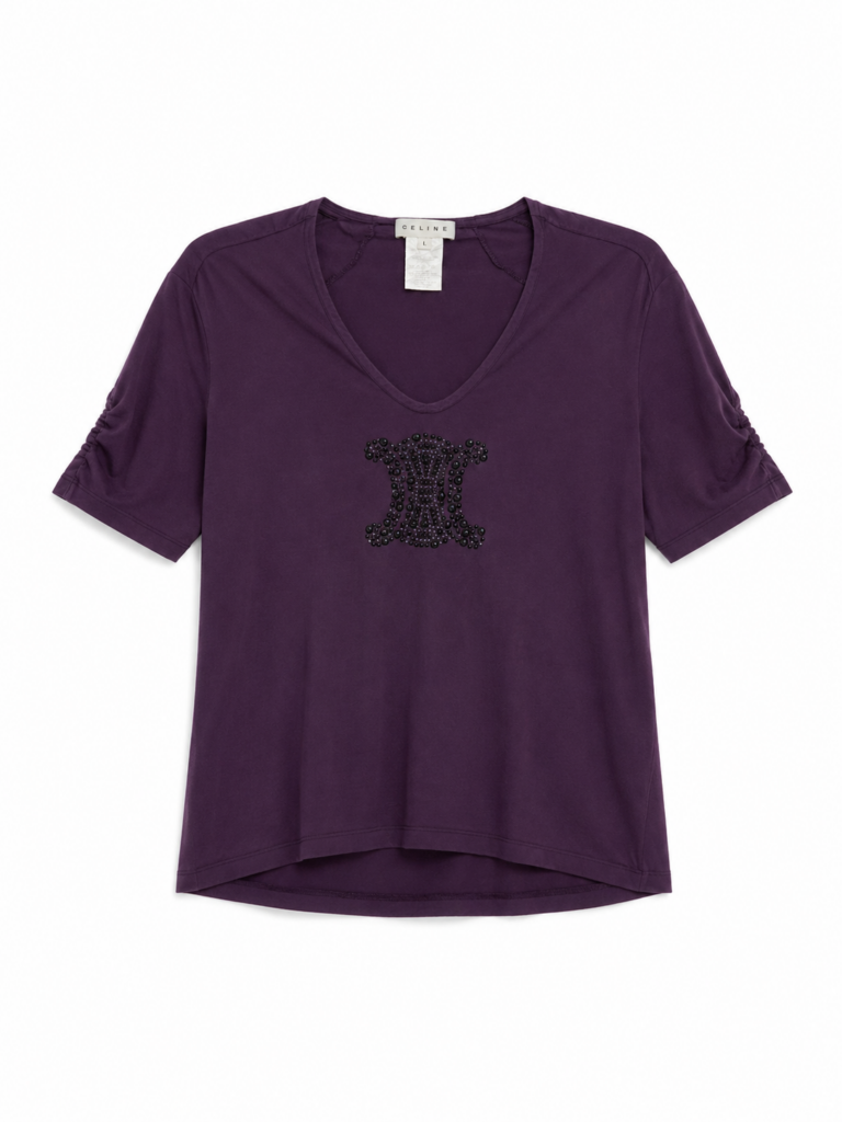 T-shirt Celine Donna L aderente ( Ok M ) Viola con Strass Logo Cotone Maglietta manica corta