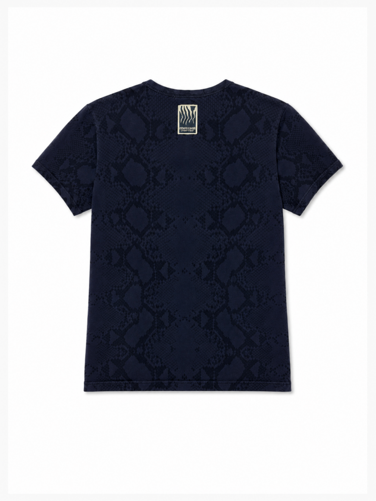T-shirt Roberto Cavalli Uomo M Slim Blu Navy stampa animalier pitone Cotone Manica corta Maglietta