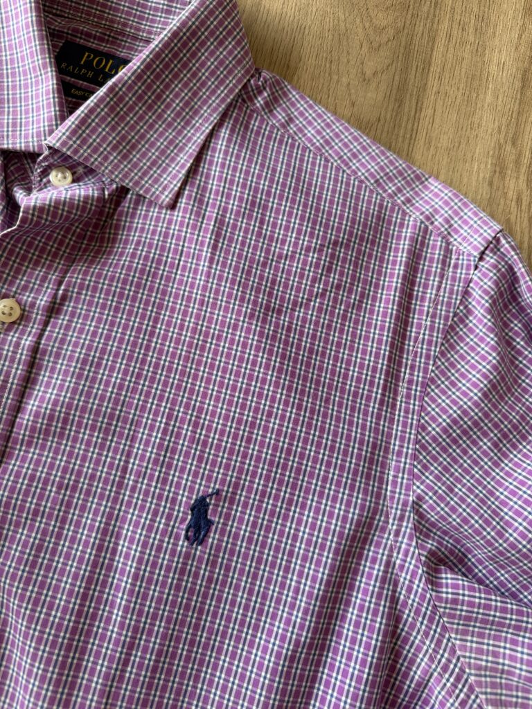Camicia Polo Ralph Lauren Uomo S Comfort Quadri Blu Viola Bianco Cotone Manica lunga