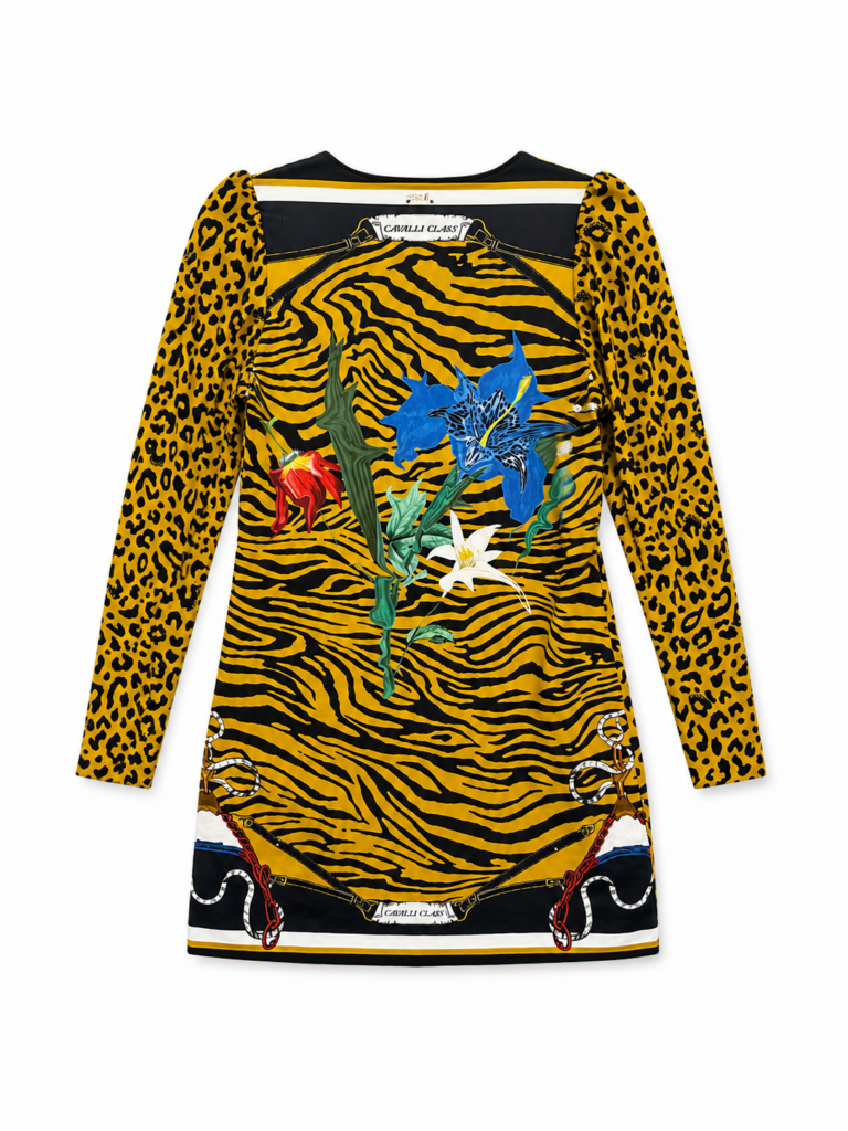 Vestito Roberto Cavalli Class Donna 44 IT – M fantasia animalier retro multicolore Cotone abito midi manica lunga
