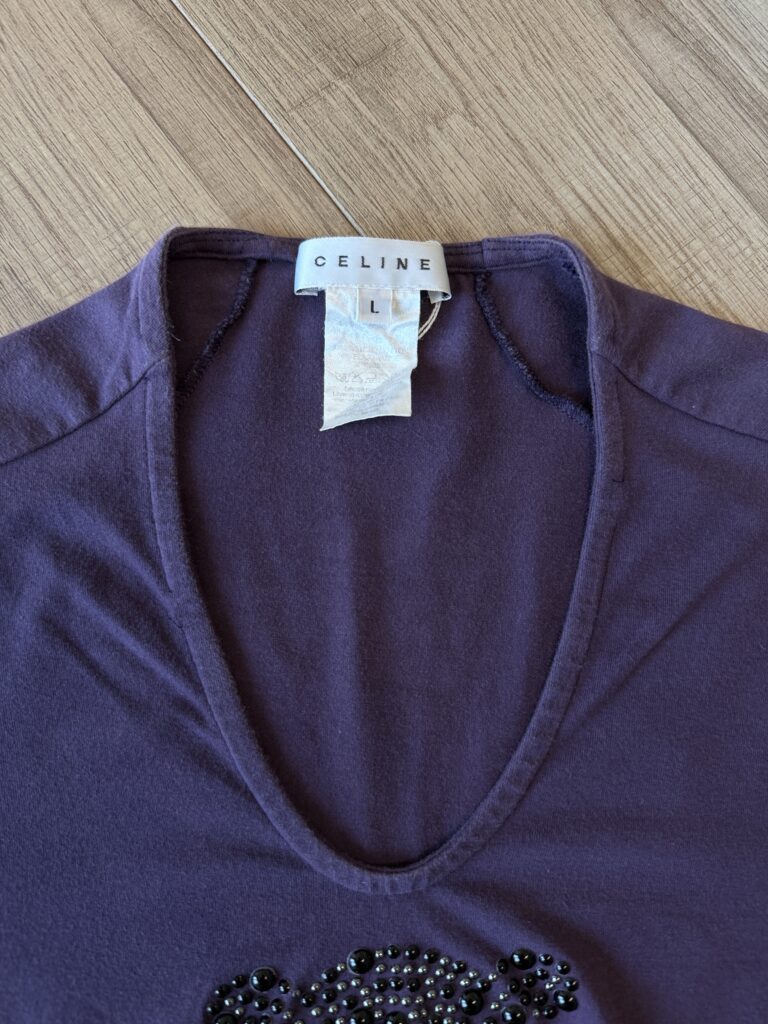 T-shirt Celine Donna L aderente ( Ok M ) Viola con Strass Logo Cotone Maglietta manica corta