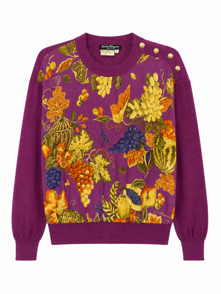 Maglione Cardigan Salvatore Ferragamo Donna L Lana stampa in Seta Viola Fantasia frutta multicolore Pullover