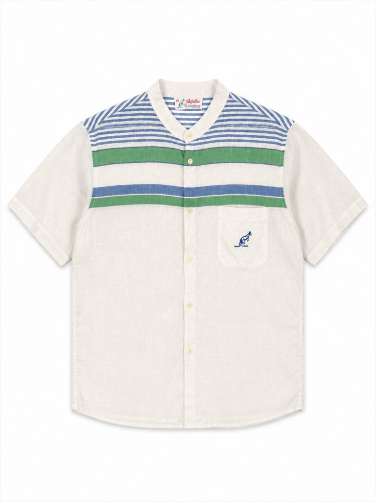 Camicia Vintage Australian L’alpina Uomo M Bianco righe Verdi e Blu misto Cotone effetto Line Manica corta