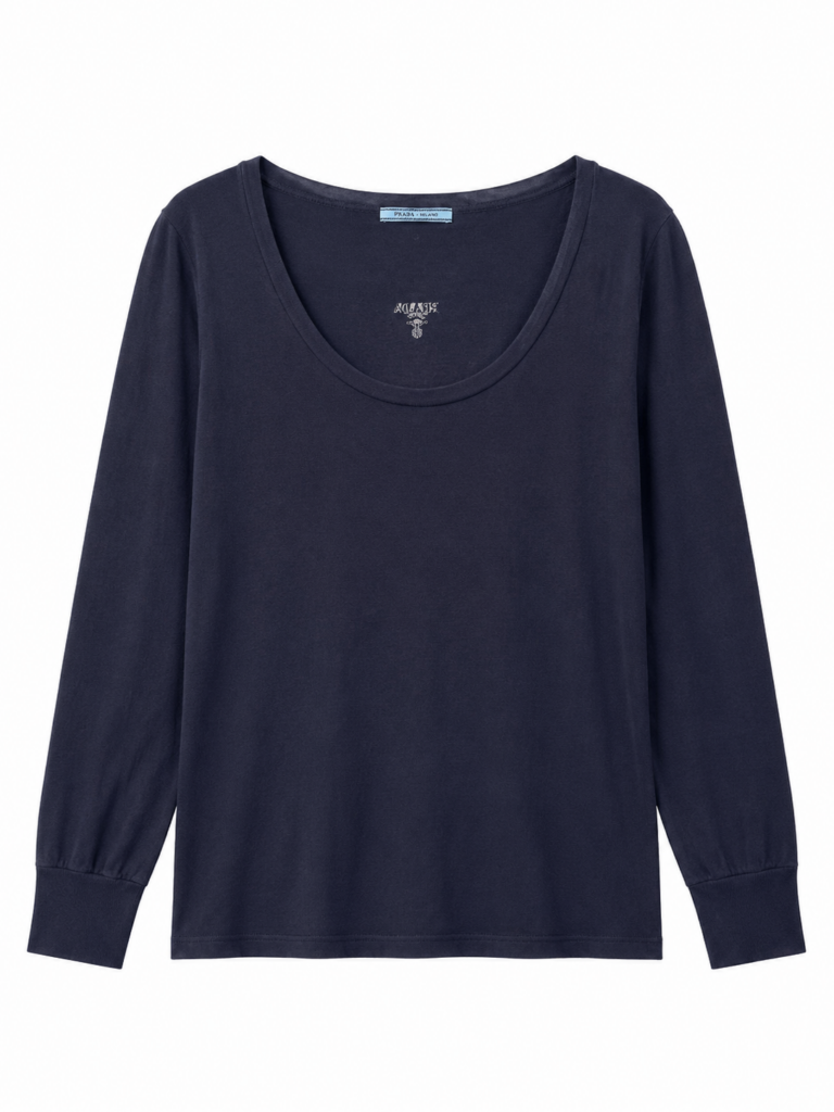 T-shirt Prada prima linea scollo a barca Uomo M Comfort ( OK L ) Blu scuro Cotone manica lunga maglietta