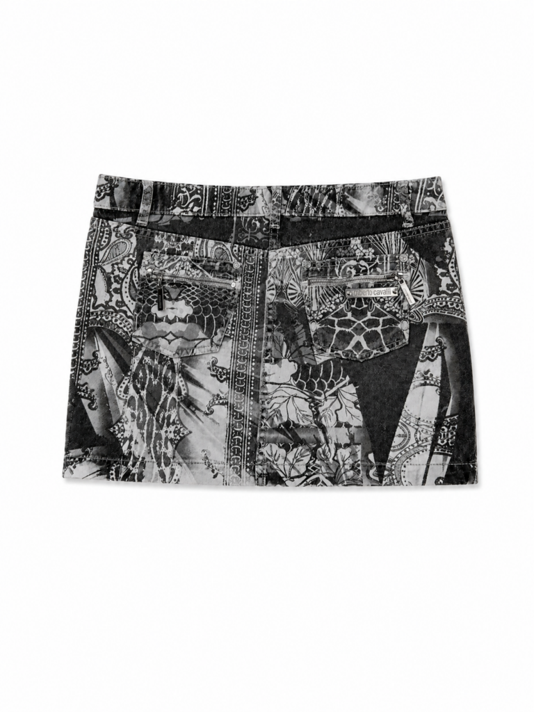 Minigonna Roberto Cavalli Donna 42  44 IT – 38 FR ( 38 cm ) M Cotone Denim Fantasia japan animalier Grigio Nero