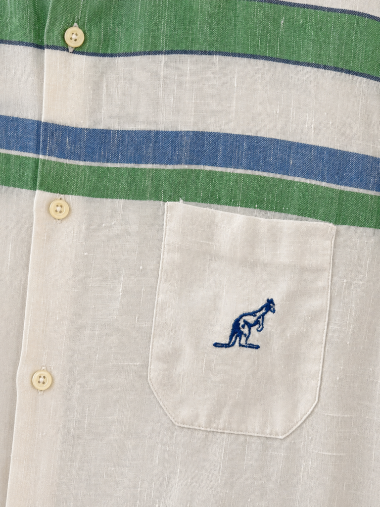 Camicia Vintage Australian L’alpina Uomo M Bianco righe Verdi e Blu misto Cotone effetto Line Manica corta