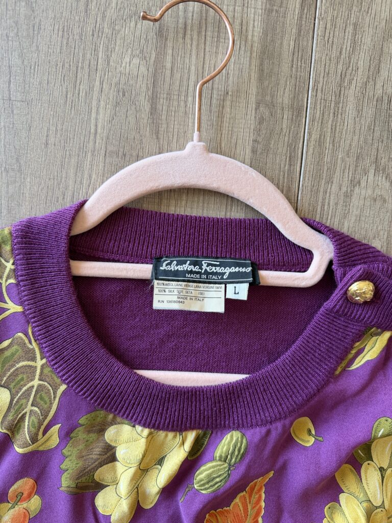 Maglione Cardigan Salvatore Ferragamo Donna L Lana stampa in Seta Viola Fantasia frutta multicolore Pullover