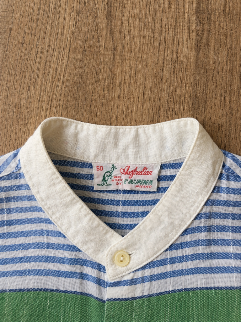 Camicia Vintage Australian L’alpina Uomo M Bianco righe Verdi e Blu misto Cotone effetto Line Manica corta