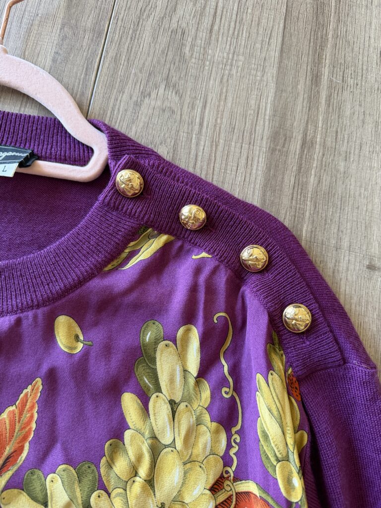 Maglione Cardigan Salvatore Ferragamo Donna L Lana stampa in Seta Viola Fantasia frutta multicolore Pullover
