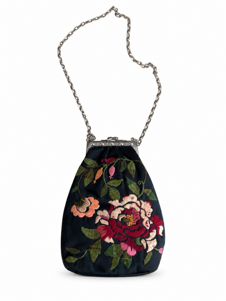 Borsa pouch in seta Valentino Garavani Nero con ricamo floreale wallet on chain bisaccia a spalla tracolla catena
